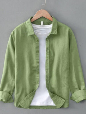 S6a3ada1c47bf473abce25d82fe3b8187q.jpg Green Cotton Linen Casual Shirts For Men Basic Classic Long Sleeve Turn-down Collar Breathable Clothing