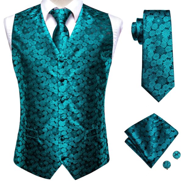 Wedding Purple Men Vest Paisley Floral Necktie Handkerchief Cufflinks Sets Blue Green Red Male Sleeveless V-Neck Waistcoat Party