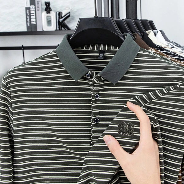 S6acdf5b3bc1f42b0bc709c5915d0634ar.jpg Men's Striped Long Sleeved T-shirt Polo Shirt Button Up Men's Stand Up Collar, Winter Double-sided German Velvet Base Shirt
