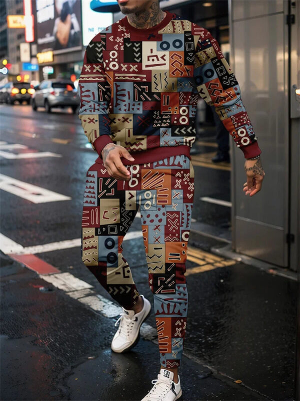 S6be5c9a13469445989befc65dd99f2c17.jpg Autumn Men's Sportswear Suit Mens Long-sleeved T-shirt Long Pants Suit Retro Quilted Print Casual Street Tops Two-piece Clothing