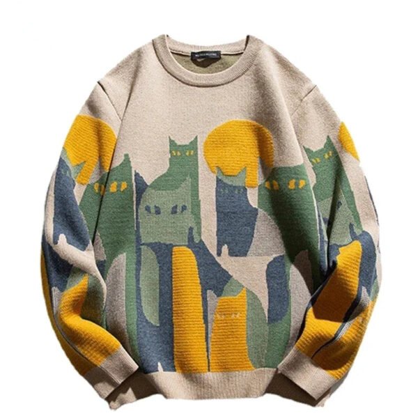 S6c12519ab73f49319707a8fae33fa380Y.jpg 2024 Autumn Knitted Sweater Men Women Winter Harajuku Cartoon Full Cat Print Pullover Vintage Causal Loose Sweaters Streetwear