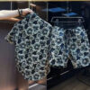 S6d0e599af722427d883cd5fd896053daO.jpg Ethnic Style Embossed Gold-hot Flower Short-sleeved Shirt and Shorts Two-piece Set Men Summer Loose Black Gold Shirt Set