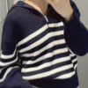 S6e01cf21e88b474e826fb80735a443c7O.jpg Women's Turtleneck Loose Lapel Striped Knitwear Women Pulovers New Simplicity Half Zipper Casual Fashion Women Sweaters 2025