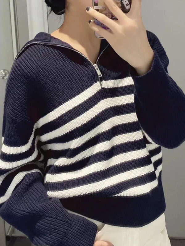 S6e01cf21e88b474e826fb80735a443c7O.jpg Women's Turtleneck Loose Lapel Striped Knitwear Women Pulovers New Simplicity Half Zipper Casual Fashion Women Sweaters 2025