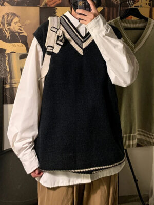 S6e7f563abb894c99a9f094cccb092ab2E.jpg Autumn Winter V-neck Knitted Sweater Vest Men Oversized Loose Sleeveless Pullover Tops 2025 Men's Korean Warm Sweaters Tank Tops