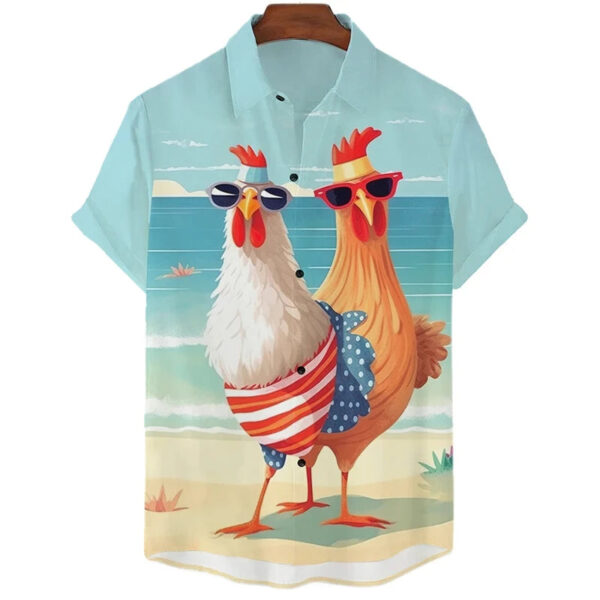 Funny Chicken Graphic Shirts For Men Clothes Cute Cartoon Hawaiian Short Sleeve Fashion Animal 3D Print Blouses Y2k Beach Shirts