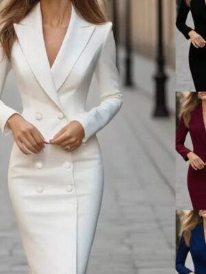 S6f78f81bd65c4134842bd57d13477ecc6.jpg Women's Elegant Dress Fashion New Style Suit Single-breasted Long-sleeved Commuter V-neck Jacket Black White Dresses For Women