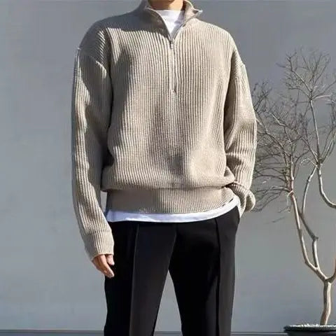 S7065dfb1f2aa44cc8dd9660435471b72m.jpg American Fashion Brand Design Korean Style Stand Collar Half Zipper Sweater Men's Temperament Versatile Knitted Sweater