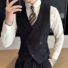 S7186a5989eb044958b112d4642dc0dc5e.jpg Men Vest Black With Lapel Solid Double Button Waistcoat For Wedding Groom Banquet Business Casual Work Daily Men Suit Vest