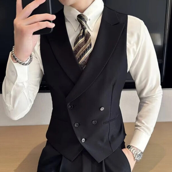 S7186a5989eb044958b112d4642dc0dc5e.jpg Men Vest Black With Lapel Solid Double Button Waistcoat For Wedding Groom Banquet Business Casual Work Daily Men Suit Vest