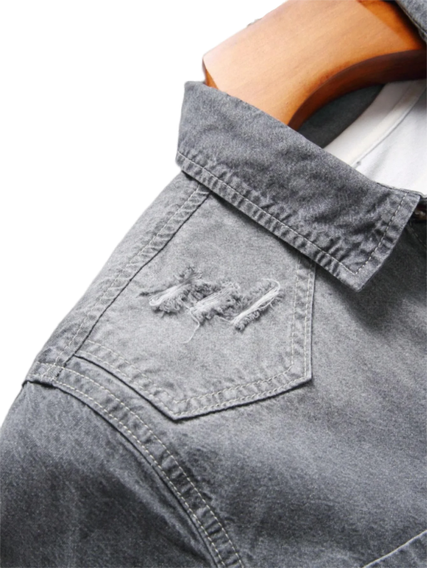 Men's Summer Grey Denim Short Sleeve Shirt with Distressed and Ripped Details, Urban Street Fashion Casual Style