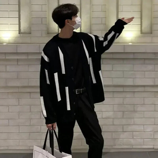 S7277db0a1e9c4168b5835f92f968e35bf.jpg Men's Clothing Cardigan Knit Sweater Male Black Striped Korean Autumn Clothes V Neck Best Selling Products 2025 Y2k Streetwear A
