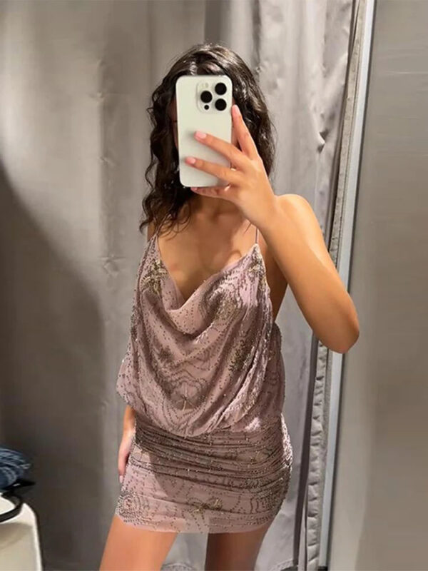 S749e6e2f646d443b8518e09cdf415fb1Y.jpg Floral Print V-Neck Sling Dress for Women Ruffle Detail Backless Long Party Gown Elegant Bodycon Style Casual Short Dress