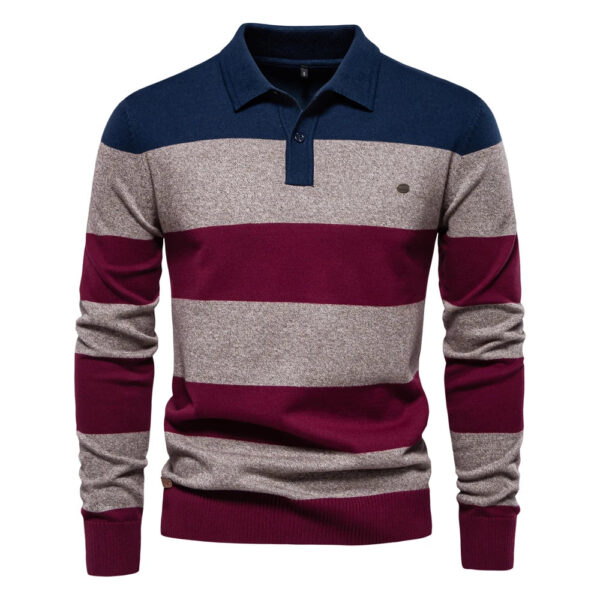AIOPESON Mens Strip Cotton Button-up Polo Collar Sweater Knit Casual Business Sweaters for Men