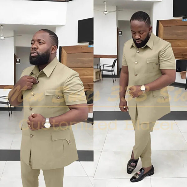 S78341a67ec7a490abe04d656f399127dS.jpg Summer Men's Suits Solid Color Short Sleeve Single Breasted Stand Lapel Casual Outfits 2 Piece Jacket Pants Set Slim Fit Terno