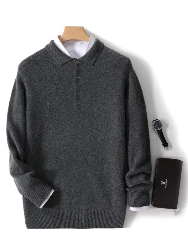 S78e227b25ff54cb693439f038c7dda492.jpg New Men's POLO Collar Sweater Autumn Winter Thick Long Sleeve Business Pullovers 100% Merino Wool Knitwear Shirt Basic Clothes