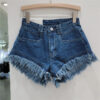 S7909410cd17047fc9bb20721101a55f9D.jpg Orange Denim Shorts Women Green Hot Pants 2023 Summer Woman's Clothing All-Match Ins Fashion Wide-Leg Ripped Tassel Shorts