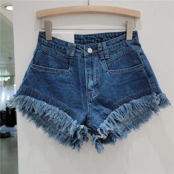 S7909410cd17047fc9bb20721101a55f9D.jpg Orange Denim Shorts Women Green Hot Pants 2023 Summer Woman's Clothing All-Match Ins Fashion Wide-Leg Ripped Tassel Shorts