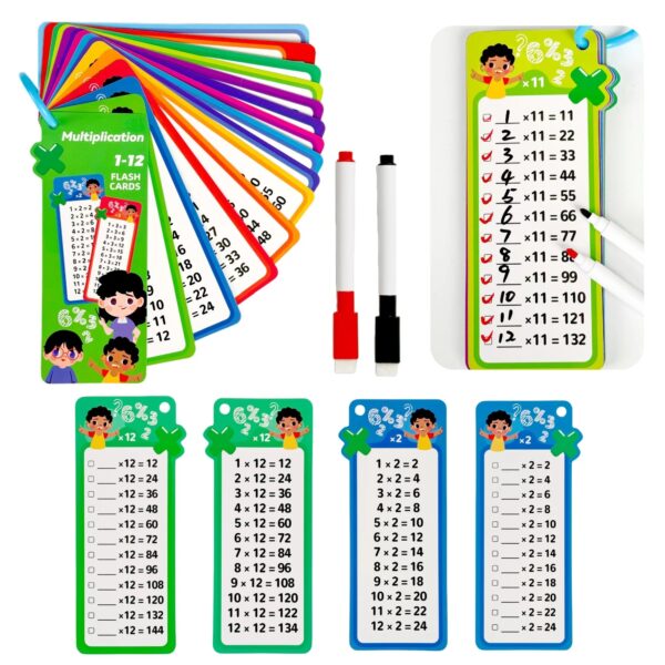 Math Flash Cards Set: Addition, Subtraction, Multiplication, Division & Fraction Learning, 15 Cards + 2 Erasable Pens