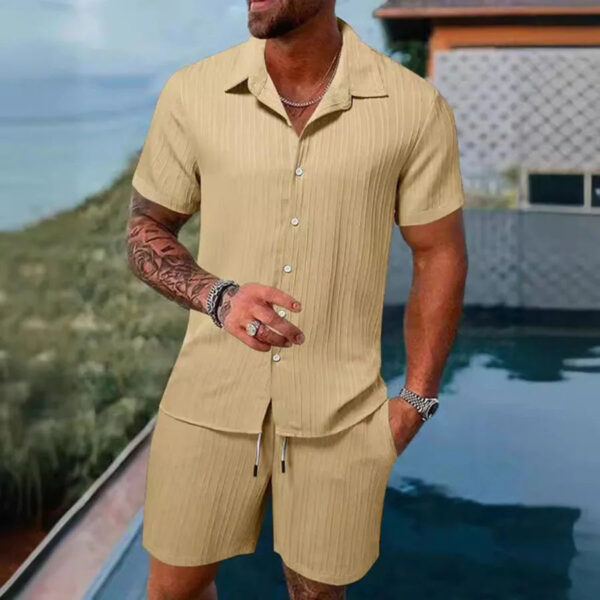 S7c573f4fcbad4d4ba1ff86fe5e1526d3m.jpg Spring And Summer New Sports Men's Polo Casual Solid Color Loose Short-sleeved Drawstring Shorts Cardigan Striped Sports Suit