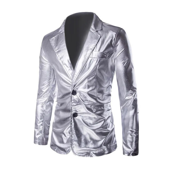 Hot Stamping Glossy Casual Suit for Men Slim Fit 2 Piece Solid Shiny Party Gold Silver Black Suit for Men Blazer Jacket & Pants