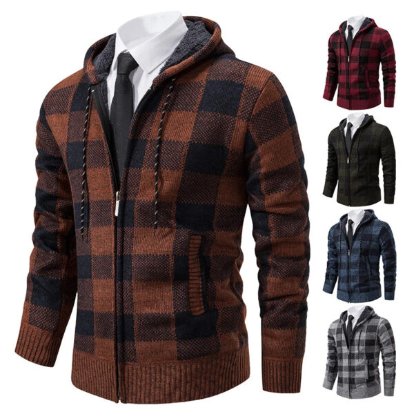 S7c8e1fc5f0244b679663eb1d123eb35bd.jpg Autumn Winter Men's Cardigan Fashion Plus Velvet Padded Knit Jumpers Male Sweater Hooded Plaid Korean Luxury Brand Coat
