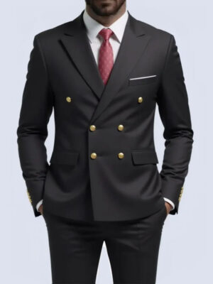 Men Double Breasted Suit Black Slim Fit High Quality Wedding Costume Party Prom Gold Button Male Suits
