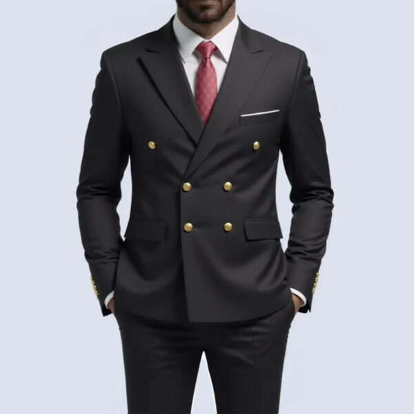 Men Double Breasted Suit Black Slim Fit High Quality Wedding Costume Party Prom Gold Button Male Suits