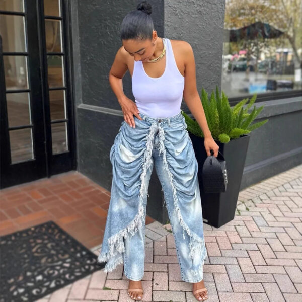 Women Solid Jeans Pants Denim Pleated Trousers Fuzzy Edge Full Lenth Mid Waist Zipper Straight Y2k Streetwear Casual 2026 Spring