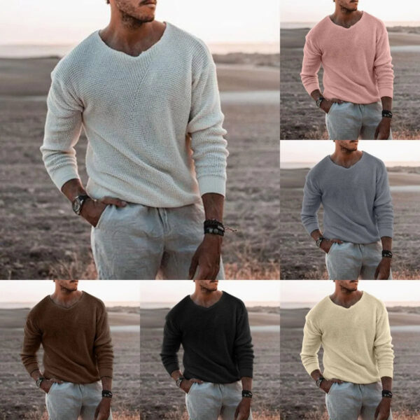 S7f61d6d92bac43349c2ac724e4c1cd0cK.jpg 2022 Spring Men Sweater Fashion Solid Color V Neck Long Sleeve Knitted Pullover Sweater Soft Slim Casual Sweater