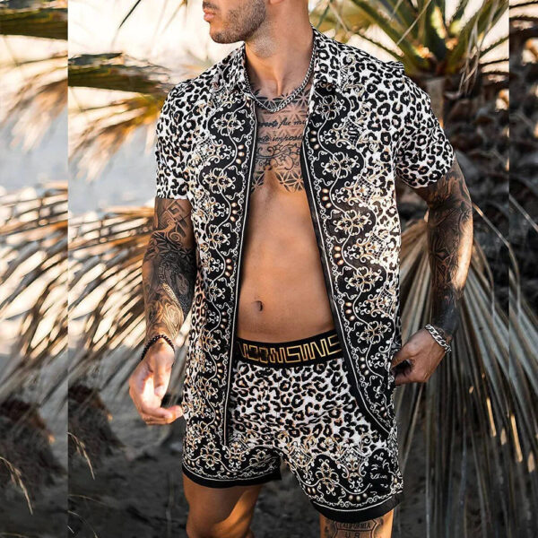 S7fe95f8d9d84476aae3d84684feec0fbj.jpg 2024 Summer Men's Fashion Leopard Print Short Sleeve Shirt And Shorts Set Beach Style T Shirt Breathable Shorts Two Piece Set