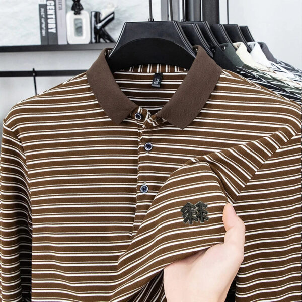 S819cfa01b16a425ebaacd62dd354781cs.jpg Men's Striped Long Sleeved T-shirt Polo Shirt Button Up Men's Stand Up Collar, Winter Double-sided German Velvet Base Shirt