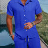 S82a7115492654efea5aea79caf109befR.jpg Spring And Summer New Sports Men's Polo Casual Solid Color Loose Short-sleeved Drawstring Shorts Cardigan Striped Sports Suit