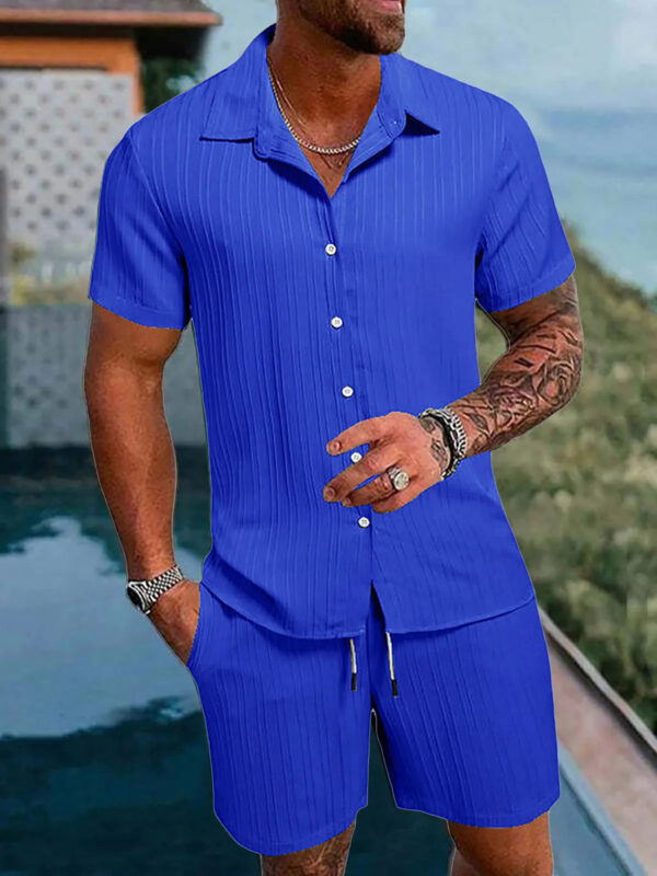 S82a7115492654efea5aea79caf109befR.jpg Spring And Summer New Sports Men's Polo Casual Solid Color Loose Short-sleeved Drawstring Shorts Cardigan Striped Sports Suit