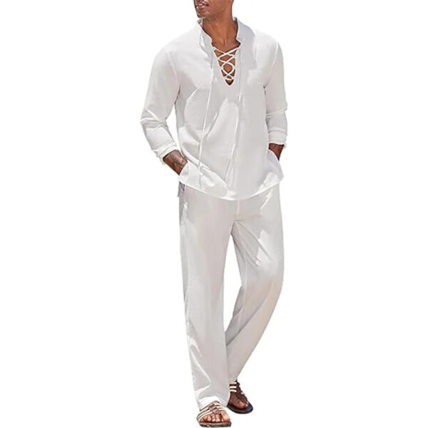 S833bdabcaab24ba9a457b1110529a8abg.jpg 2pcs Set Men's Cotton Linen Shirt and Pants Suits for Men Beach Wear Tracksuit Solid Color Shirts Sweatpants Hawaiian Vacation