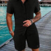 S83e34e57be4549ff90ce50e34b01eeb9J.jpg Spring And Summer New Sports Men's Polo Casual Solid Color Loose Short-sleeved Drawstring Shorts Cardigan Striped Sports Suit
