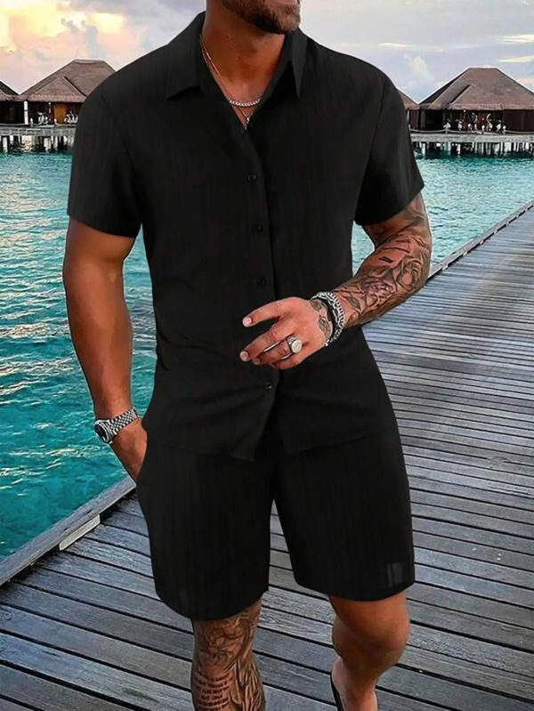 S83e34e57be4549ff90ce50e34b01eeb9J.jpg Spring And Summer New Sports Men's Polo Casual Solid Color Loose Short-sleeved Drawstring Shorts Cardigan Striped Sports Suit