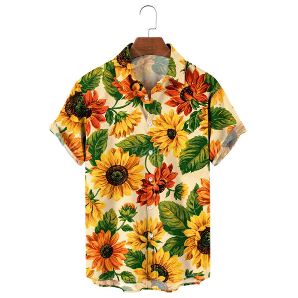 S842e792268374cd69fd7de2b70ec92a5P.jpg Men's Hawaiian Shirt, 3D Sunflower Print T-Shirt, Floral Single Row Button Lapel, Large 5XL, Casual Style, Beach To