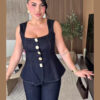 Women Vintage Denim Top Pant Set Square Collar Single Breasted Tank High Waist Jeans Female Sets 2025 Fashion Y2k  Denim Outfits