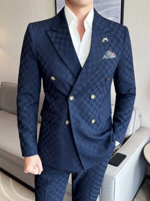 (Jacket+Pants)Luxury Checkered Double Breasted Suit  2 Pieces Fashion Business Slim Fit Social   Formal Suit Evening Dress 5XL-M