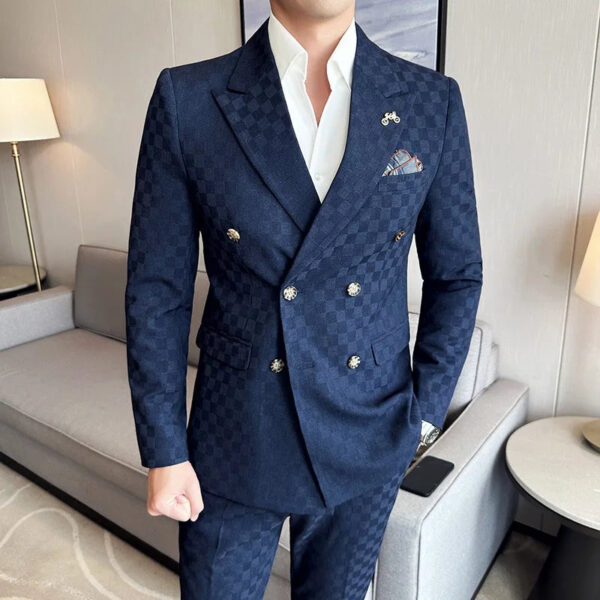 S850558bec56b487ebb2e2dacaa089ef2W.jpg (Jacket+Pants)Luxury Checkered Double Breasted Suit 2 Pieces Fashion Business Slim Fit Social Formal Suit Evening Dress 5XL-M