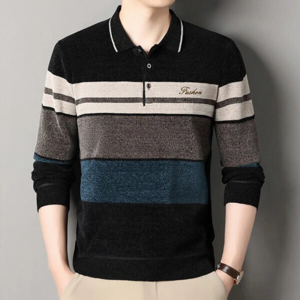 S865088ec65e04262a4d57d82f26d3c96c.jpg Men's Lapel Sweater Fashion Striped Knitted Pullovers Autumn Winter Fleece Lined Knitwear Thickened Jumpers New Jersey