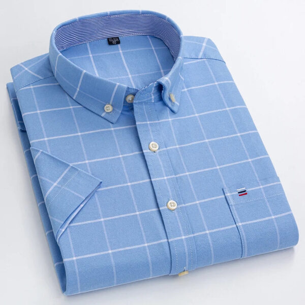 S87537ff0335f4579bcd79c58a251f198z_b1ca873c-fb15-469e-9422-967e75f945bb.jpg Fashionable Men's Shirt Short Sleeve 100% Cotton Oxford Stripe Plaid Formal Men's Casual Social Shirt Available in Large Sizes