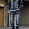 Men's spring and autumn denim suit, multi - pocket design, wide straight - leg pants style