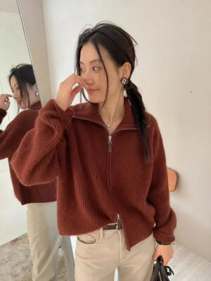 New 2025 high-end autumn and winter knitted women's lapel cashmere wool sweater casual short women's cardigan 100% wool sweater