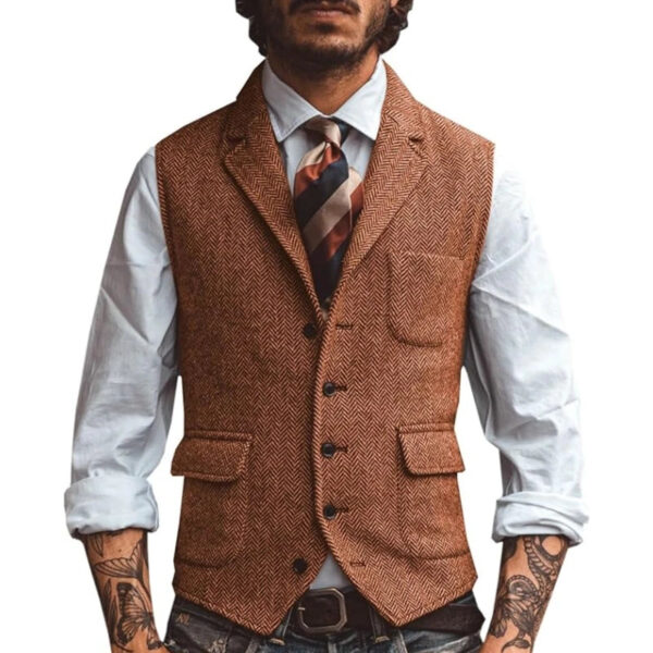 Men Vest Brown Herringbone Business Waistcoat Jacket Casual Slim For Wedding Groom Banquet Gilet Vest
