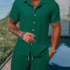 S89e52e74c85c4562a733bd0fbf75e3d9B.jpg Spring And Summer New Sports Men's Polo Casual Solid Color Loose Short-sleeved Drawstring Shorts Cardigan Striped Sports Suit