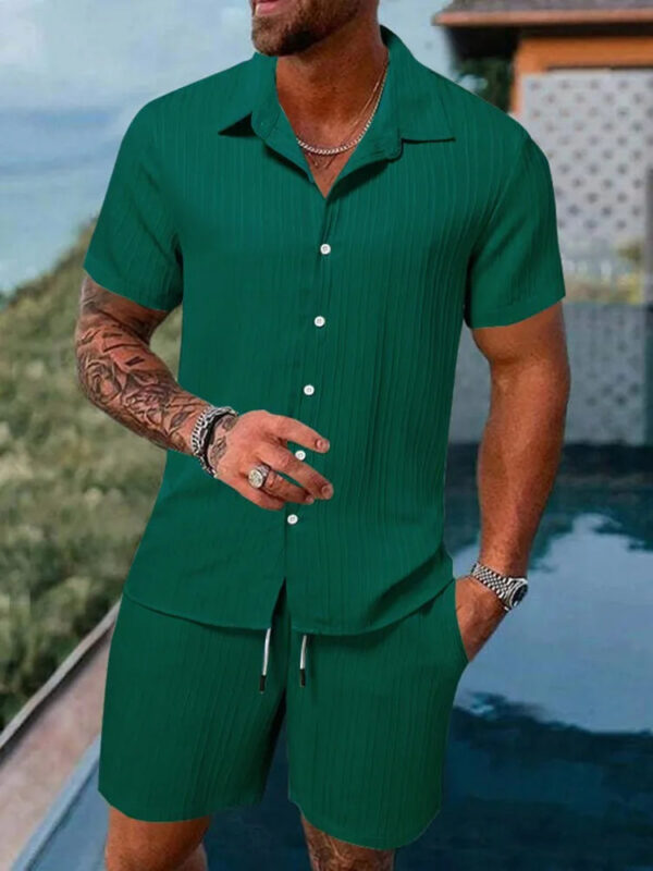 S89e52e74c85c4562a733bd0fbf75e3d9B.jpg Spring And Summer New Sports Men's Polo Casual Solid Color Loose Short-sleeved Drawstring Shorts Cardigan Striped Sports Suit