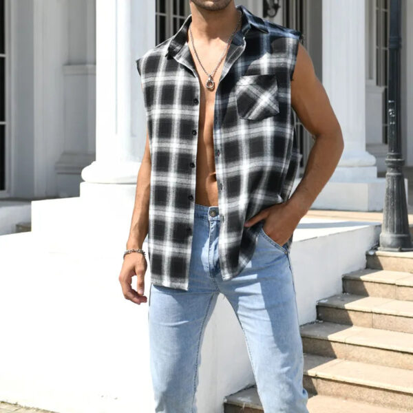 Men's Summer Fashion Casual Plaid Print Sleeveless T Shirt Vest Buckle Sanding 2023 Korean Style Mens Tank Tops Beach Vest