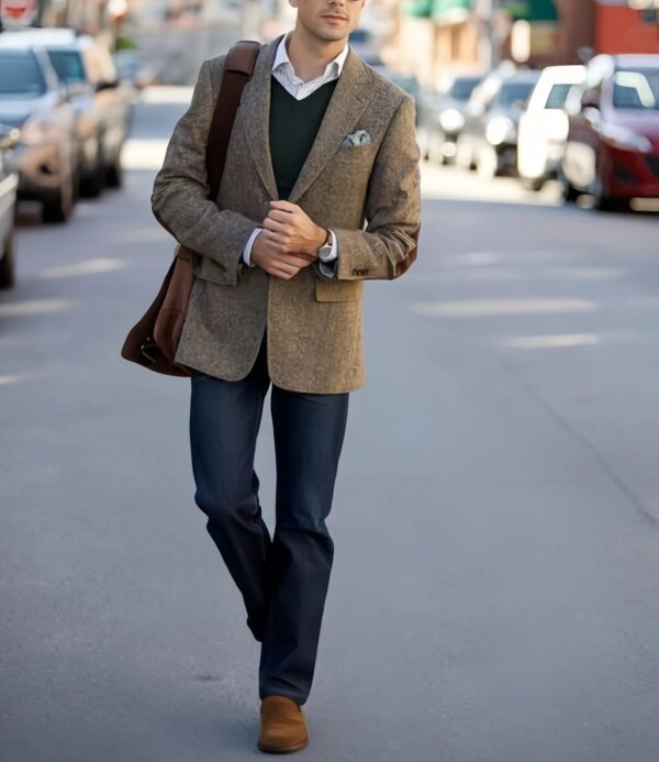 Vintage Winter Tweed Suits Brown Tweed Men Suits With Patch Design Costume Homme Smart Business Formal Wedding Suits 1 Pieces
